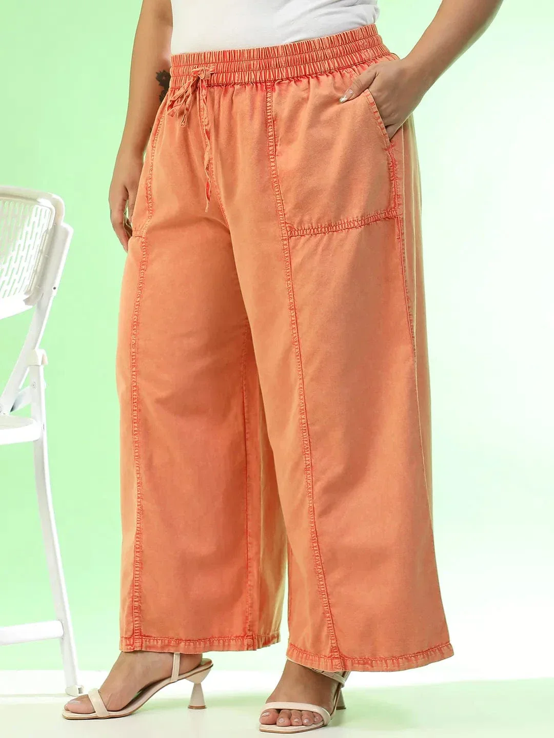 Starcore Orange Elasticated With Tie-Up Detail Plus Size Women Long Cotton Pant - Image 3