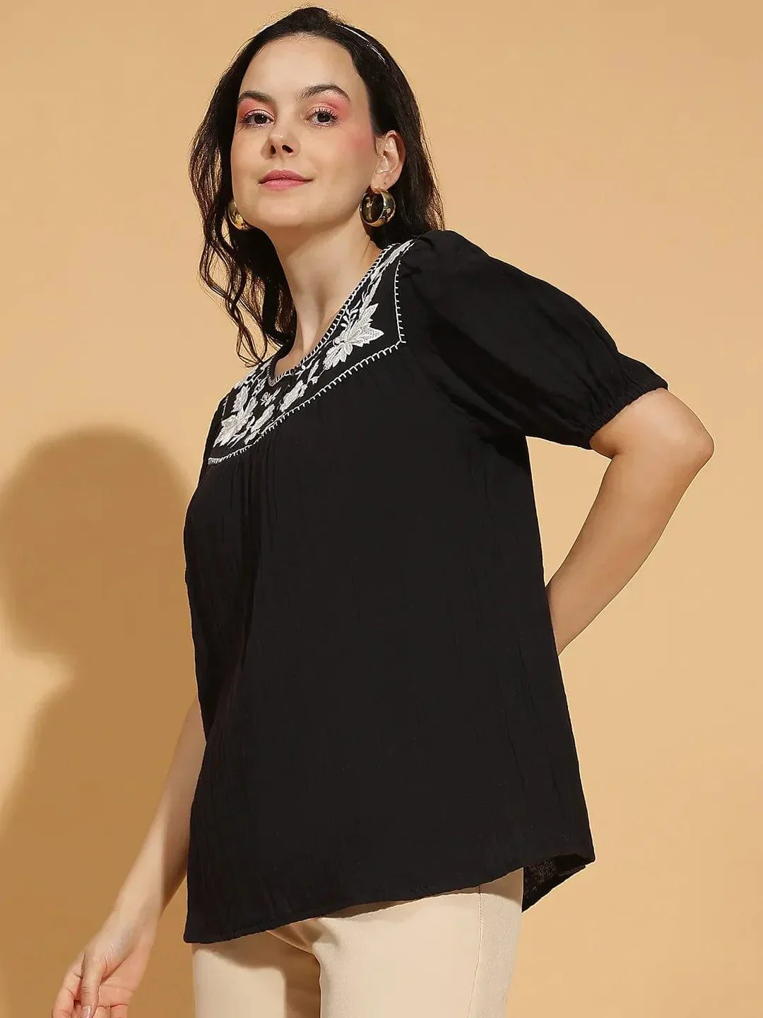 Starlight Black Embroidered Short Sleeve Women’s Cotton Top - Image 3