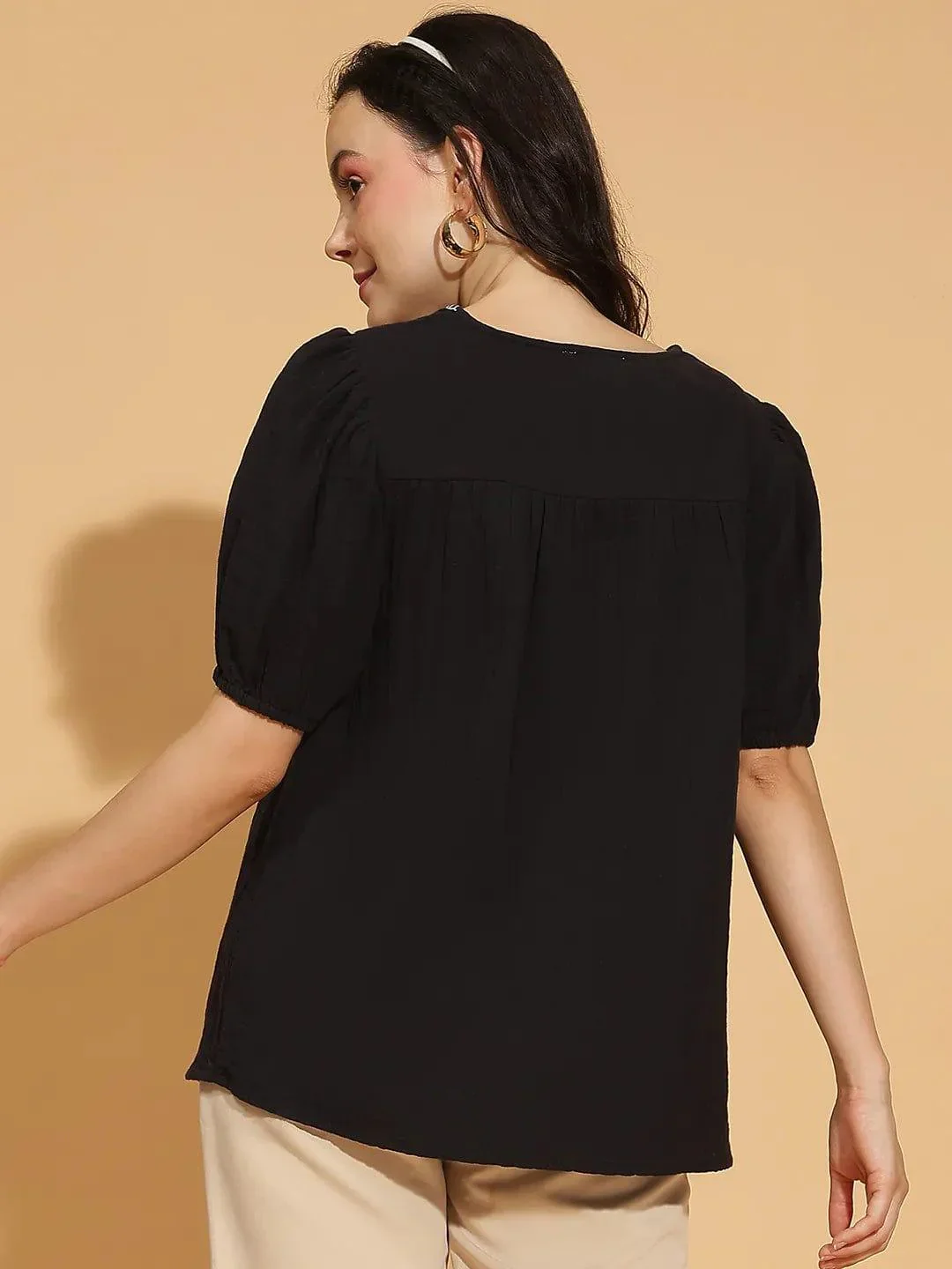 Starlight Black Embroidered Short Sleeve Women’s Cotton Top - Image 5
