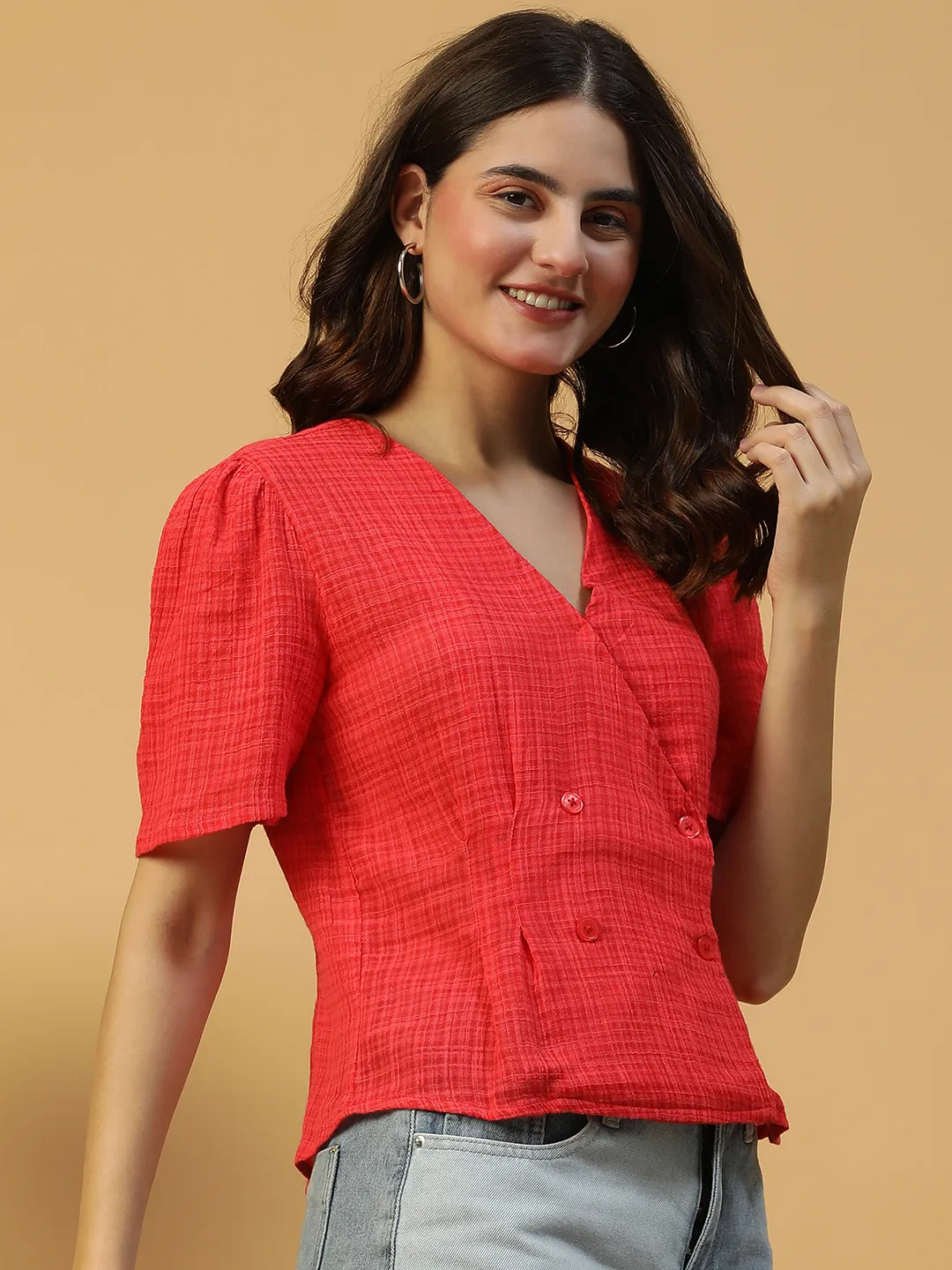 Starling Red Button Detailed Short Sleeve Women Cotton Dobby Top - Image 5
