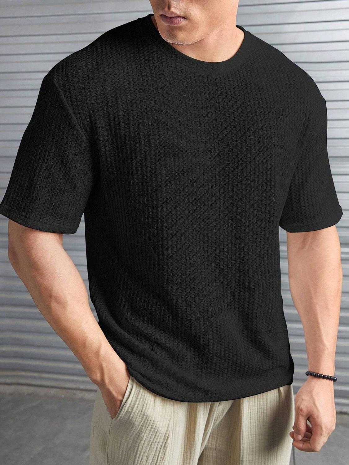 Starvy Men Round Neck Half sleeve waffle knit Solid Oversize T-shirt