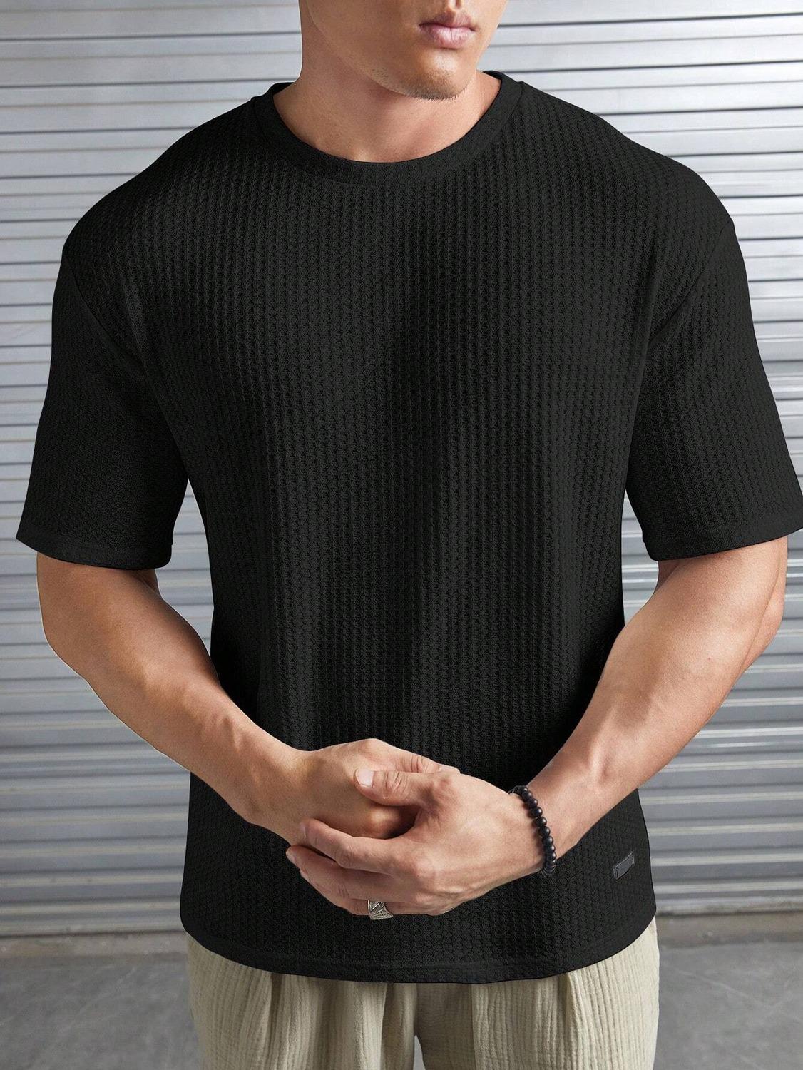 Starvy Men Round Neck Half sleeve waffle knit Solid Oversize T-shirt - Image 4