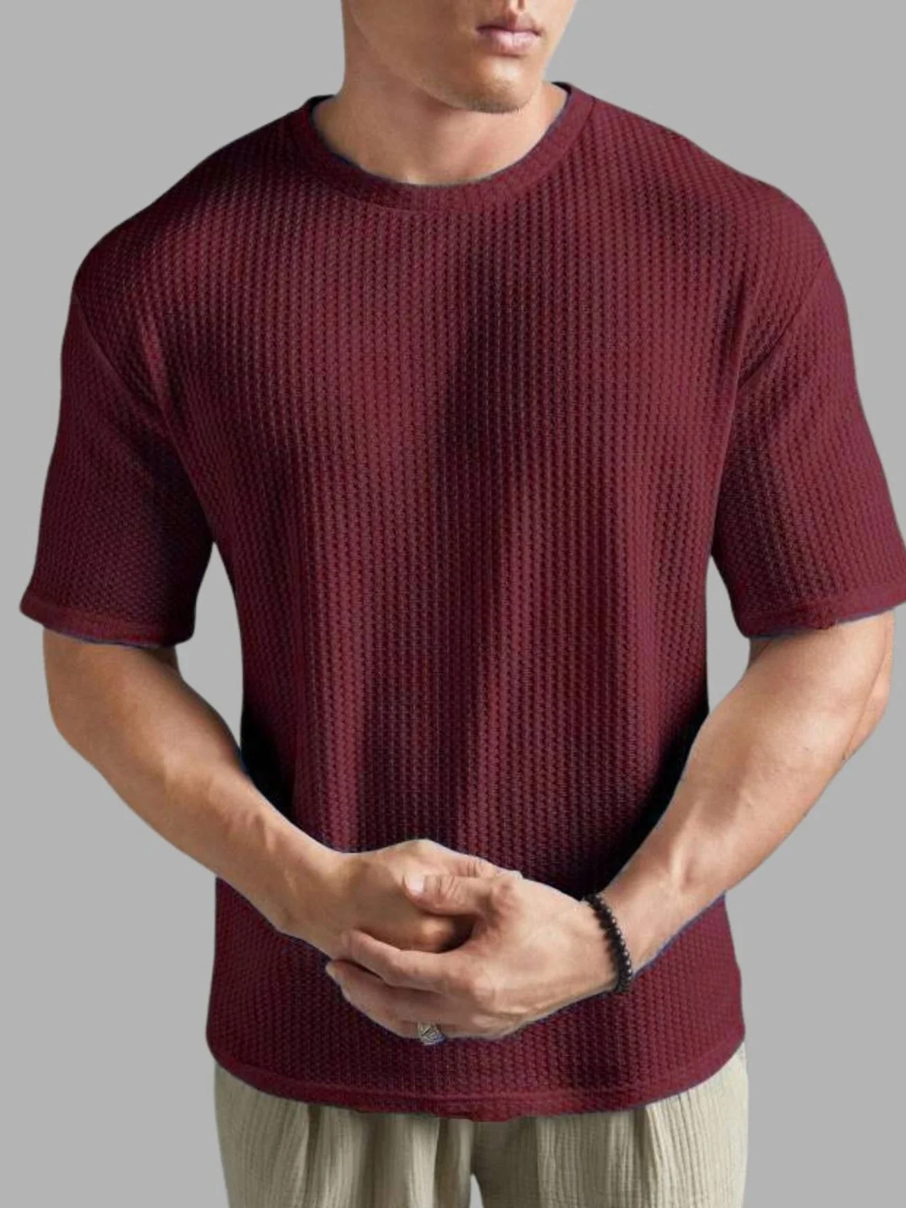 Starvy Men Round Neck Half sleeve waffle knit Solid Oversize T-shirt