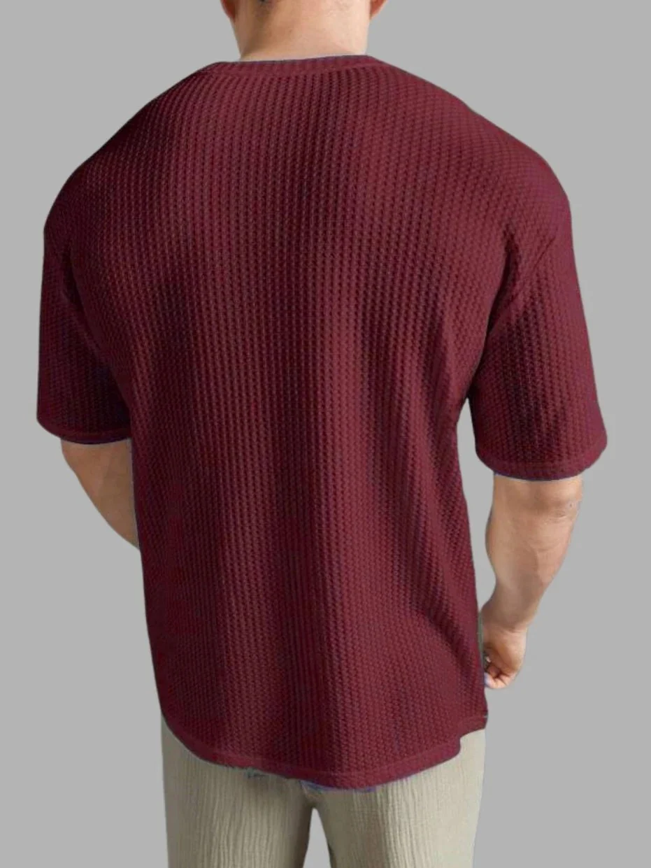 Starvy Men Round Neck Half sleeve waffle knit Solid Oversize T-shirt - Image 2