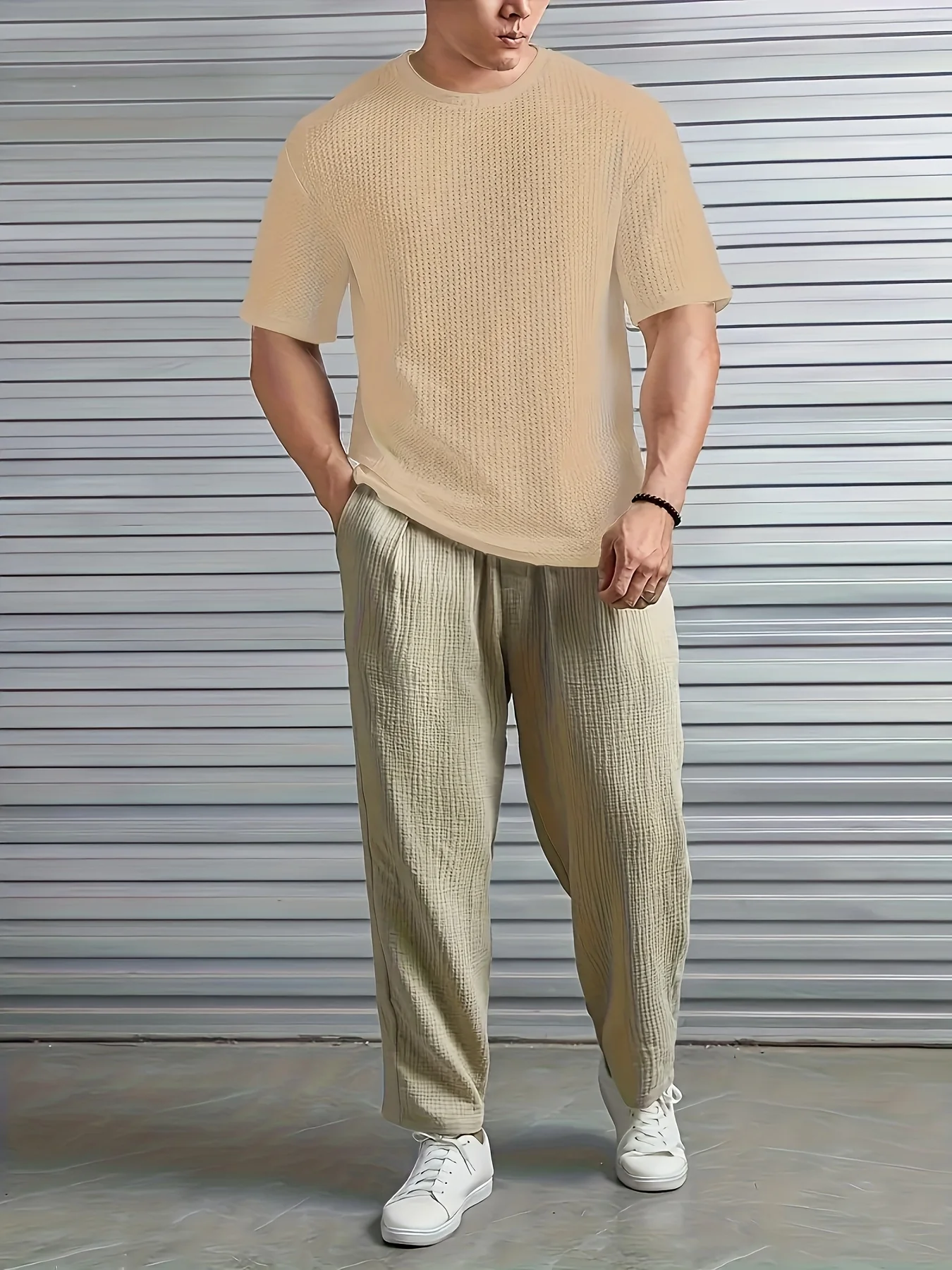 Starvy Men Round Neck Half sleeve waffle knit Solid Oversize T-shirt - Image 4