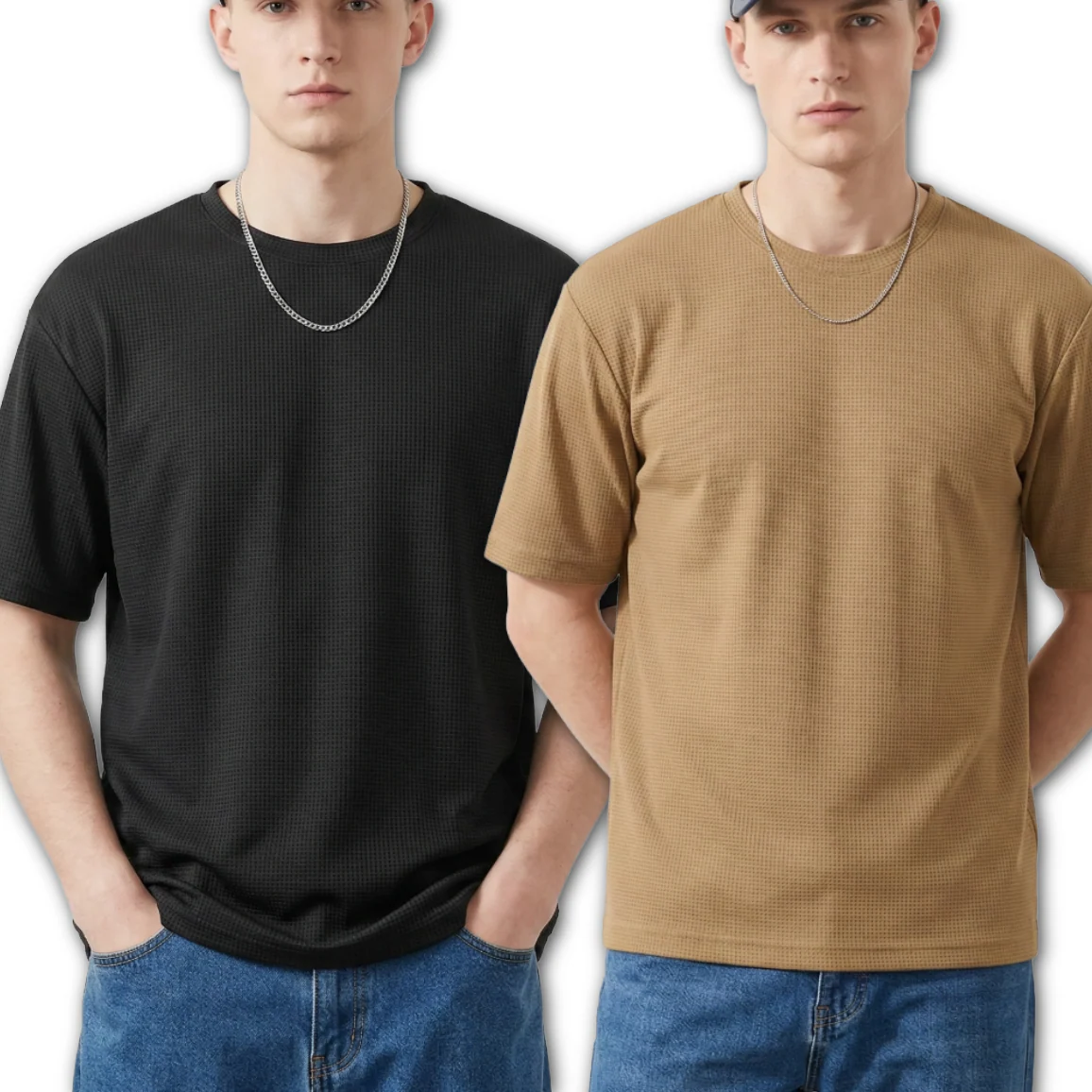 Starvy Pack of 2 Men Round Neck Half sleeve waffle knit Solid Oversize T-shirts - Image 2