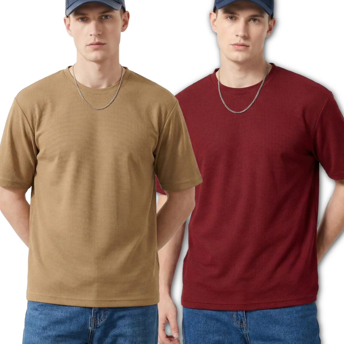 Starvy Pack of 2 Men Round Neck Half sleeve waffle knit Solid Oversize T-shirts - Image 3
