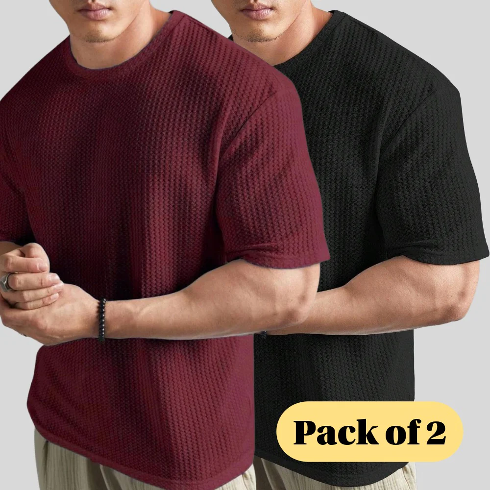 Starvy Pack of 2 Men Round Neck Half sleeve waffle knit Solid Oversize T-shirts