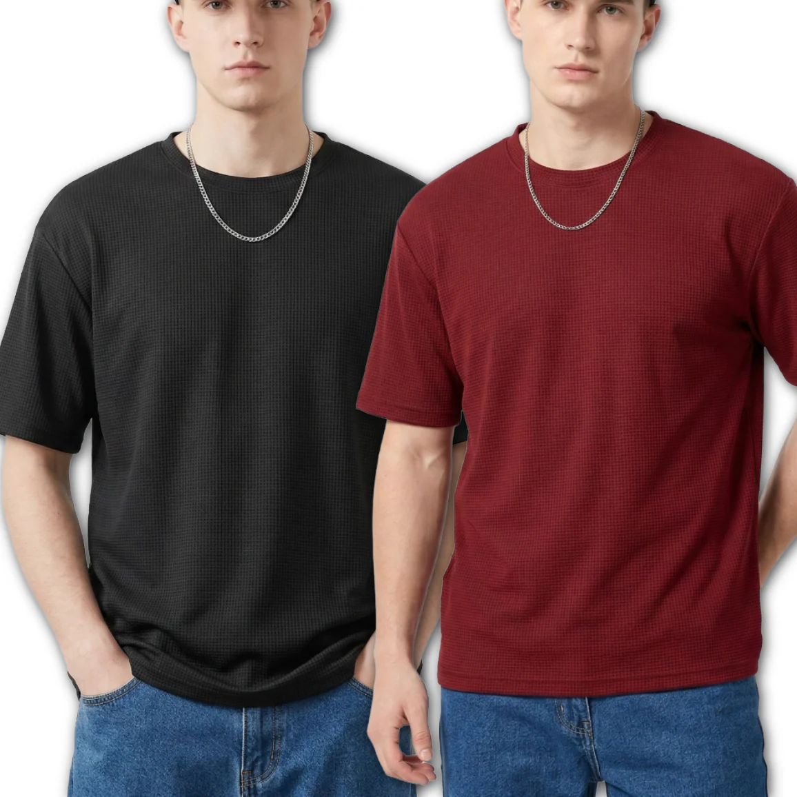 Starvy Pack of 2 Men Round Neck Half sleeve waffle knit Solid Oversize T-shirts - Image 3