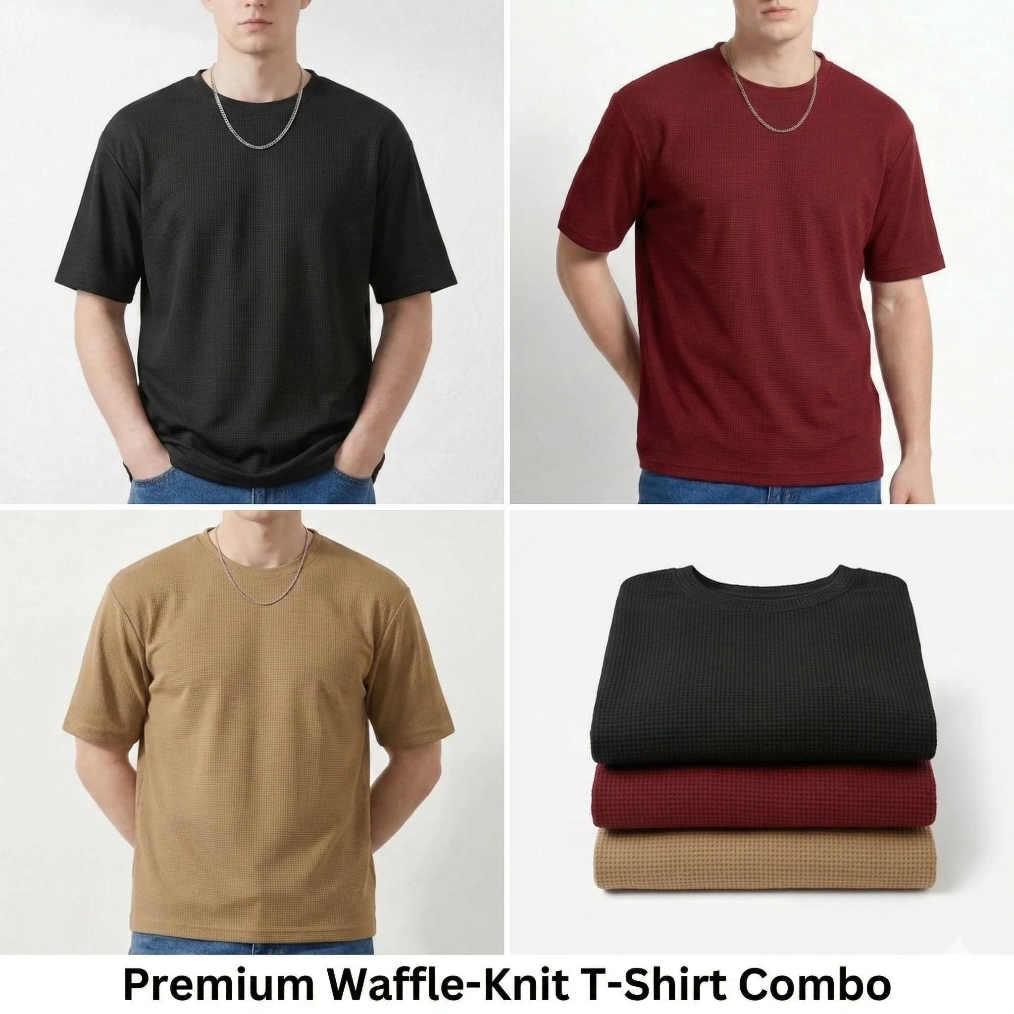 Starvy Pack of 3 Men Round Neck Half sleeve waffle knit Solid Oversize T-shirts - Image 5