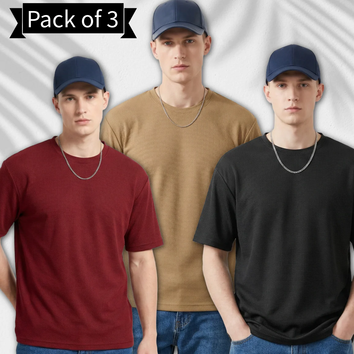 Starvy Pack of 3 Men Round Neck Half sleeve waffle knit Solid Oversize T-shirts - Image 2