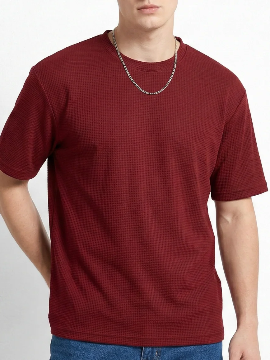 Starvy Round Neck Half sleeve waffle knit Solid Men Oversize T-shirt