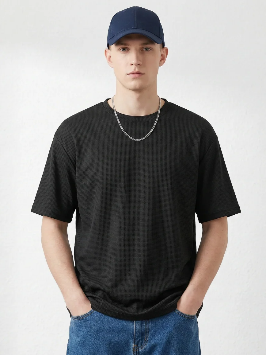 Starvy Round Neck Half sleeve waffle knit Solid Men Oversize T-shirt - Image 2