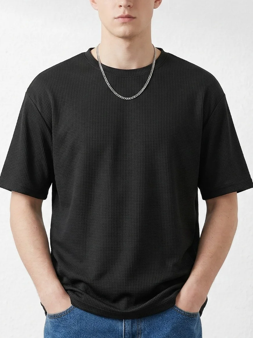Starvy Round Neck Half sleeve waffle knit Solid Men Oversize T-shirt