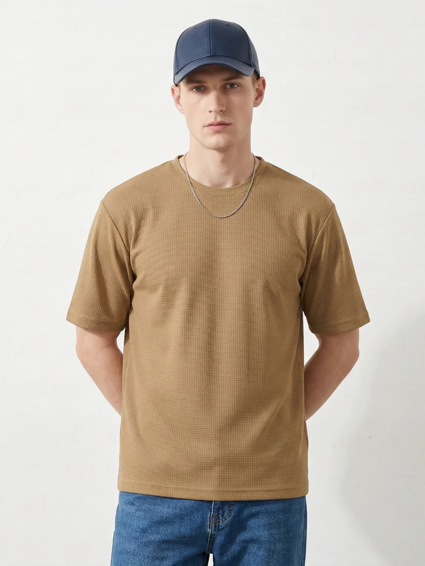 Starvy Round Neck Half sleeve waffle knit Solid Men Oversize T-shirt - Image 2