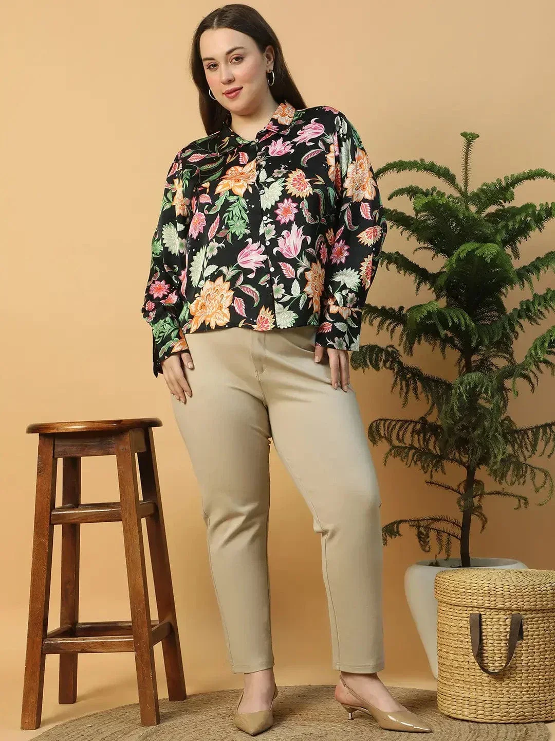 Statement Black Floral Print Button Down Collared Long Sleeve Plus Size Women Satin Shirt - Image 2