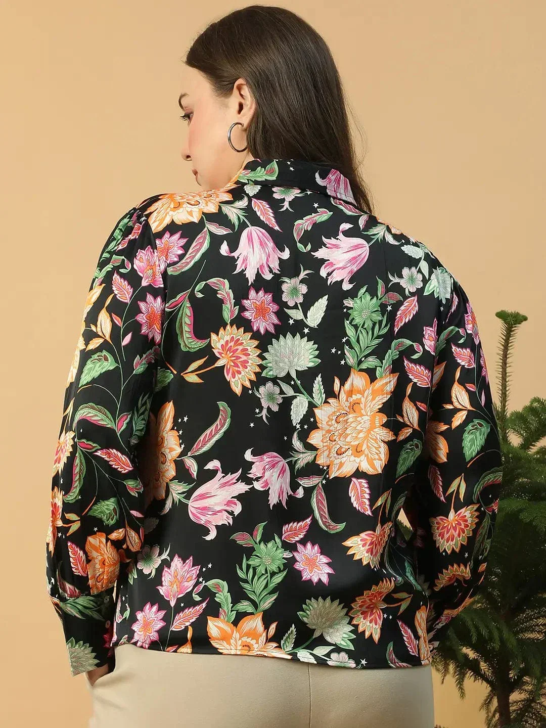 Statement Black Floral Print Button Down Collared Long Sleeve Plus Size Women Satin Shirt - Image 5