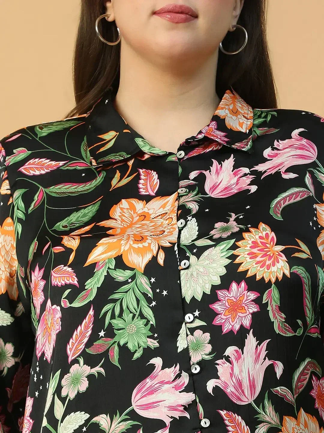 Statement Black Floral Print Button Down Collared Long Sleeve Plus Size Women Satin Shirt - Image 6