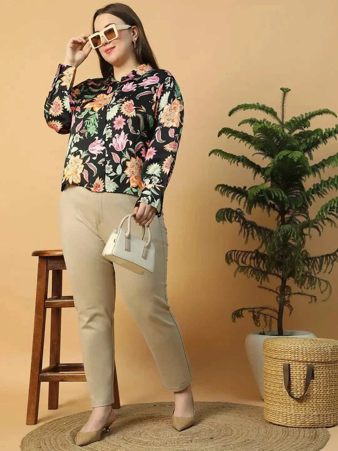 Statement Black Floral Print Button Down Collared Long Sleeve Plus Size Women Satin Shirt - Image 7