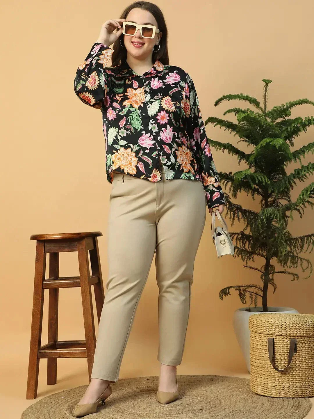 Statement Black Floral Print Button Down Collared Long Sleeve Plus Size Women Satin Shirt - Image 8