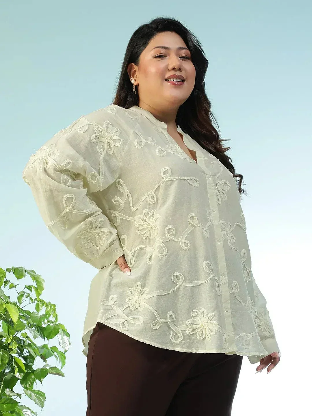 Statement Cream Embroidered V-Neck Long Sleeve Plus Size Women Cotton Shirt - Image 4
