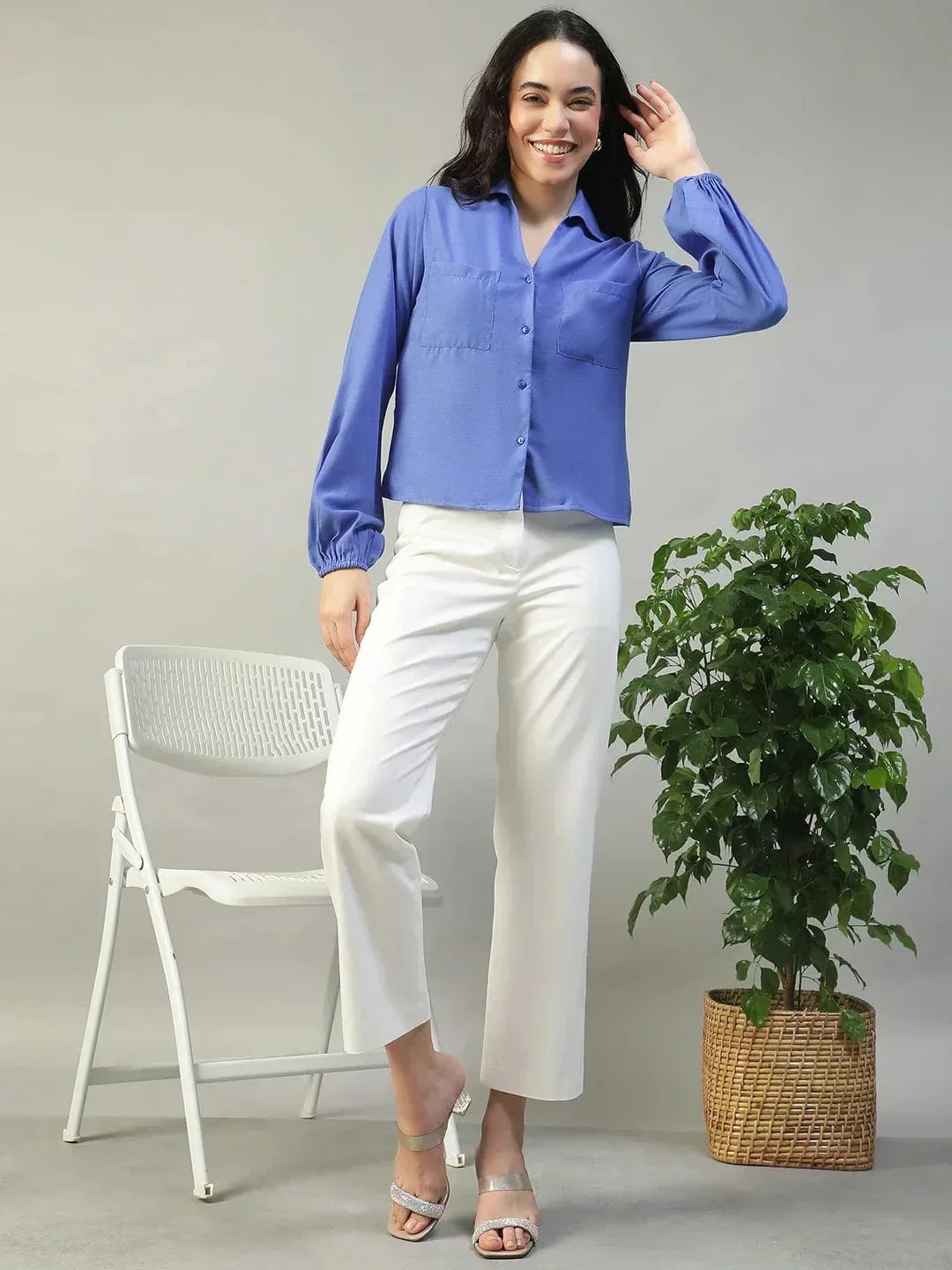 Steel Blue Collared Button Down Long Sleeve Women Shirt In Slub Fabric - Image 2