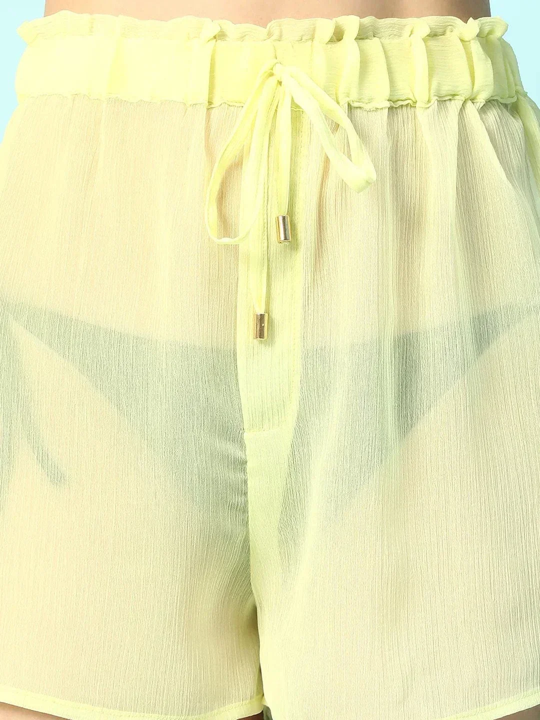 Steezy Solid Yellow Elasticated Waist With Tie-Up Detail Women Beachwear Shorts - Image 6