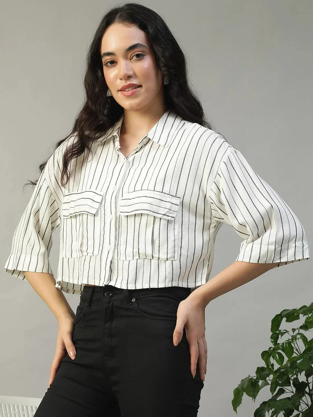 Straight White Stripe Print Collared With Button Fly Short Sleeve Women Yarn Dyed Dobby Shirt - Image 3