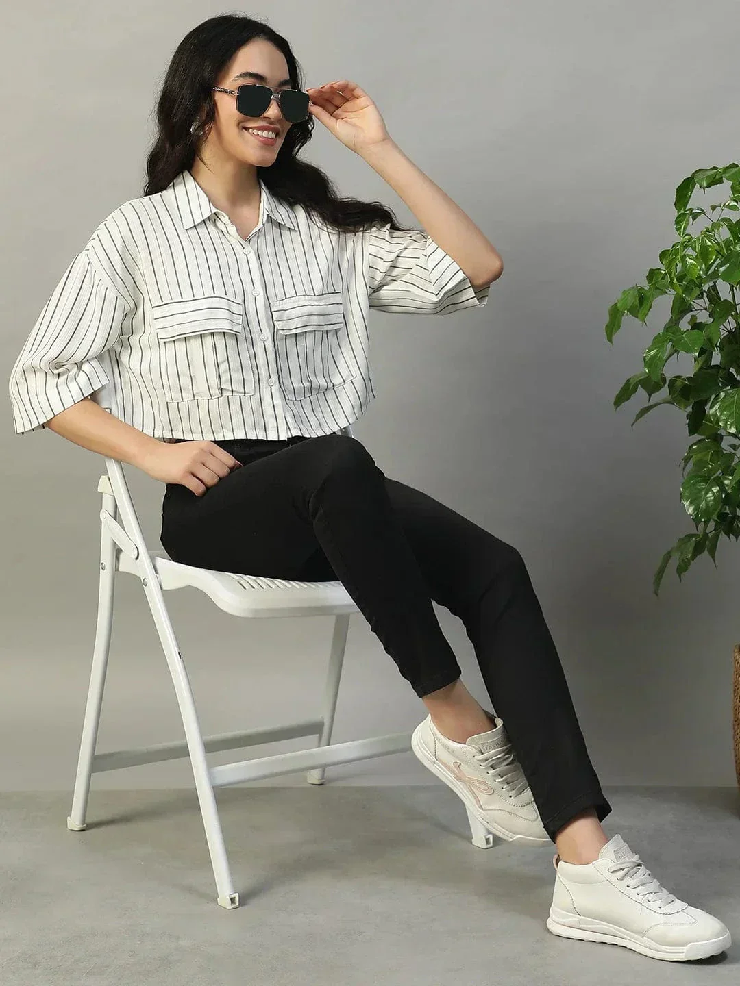 Straight White Stripe Print Collared With Button Fly Short Sleeve Women Yarn Dyed Dobby Shirt - Image 7