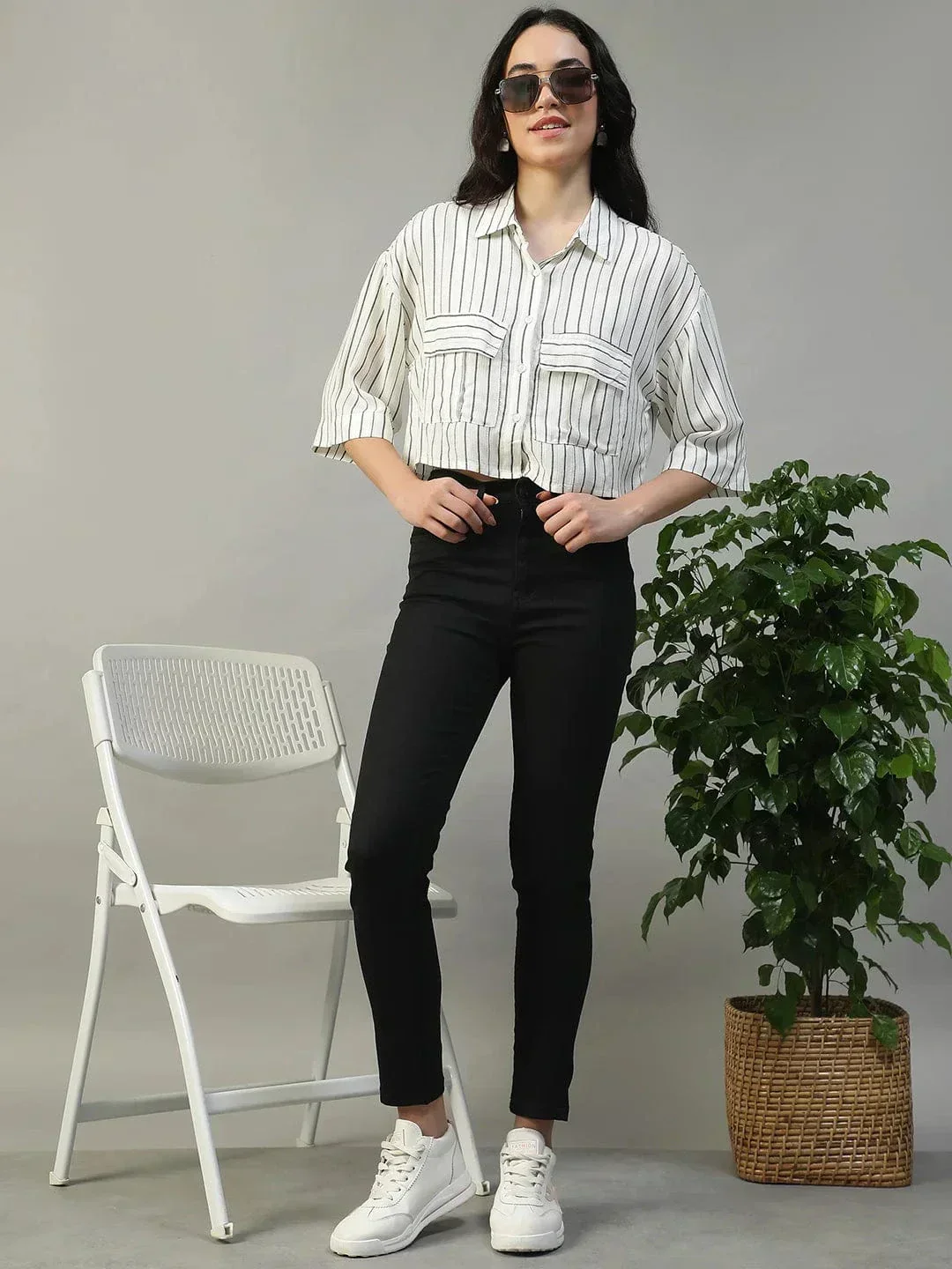 Straight White Stripe Print Collared With Button Fly Short Sleeve Women Yarn Dyed Dobby Shirt - Image 8