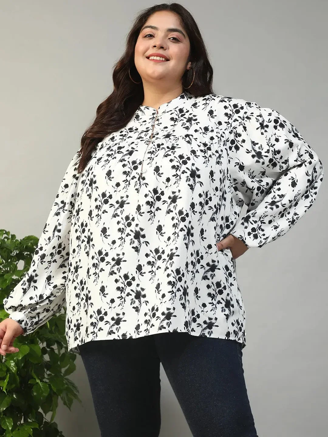 Street White Floral Print Round Neck With Button Placket Long Lantern Sleeve Plus Size Women Top