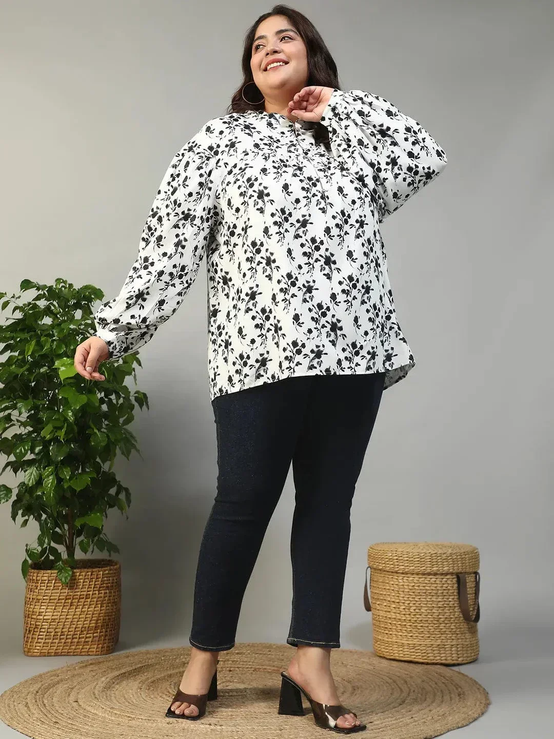 Street White Floral Print Round Neck With Button Placket Long Lantern Sleeve Plus Size Women Top - Image 2