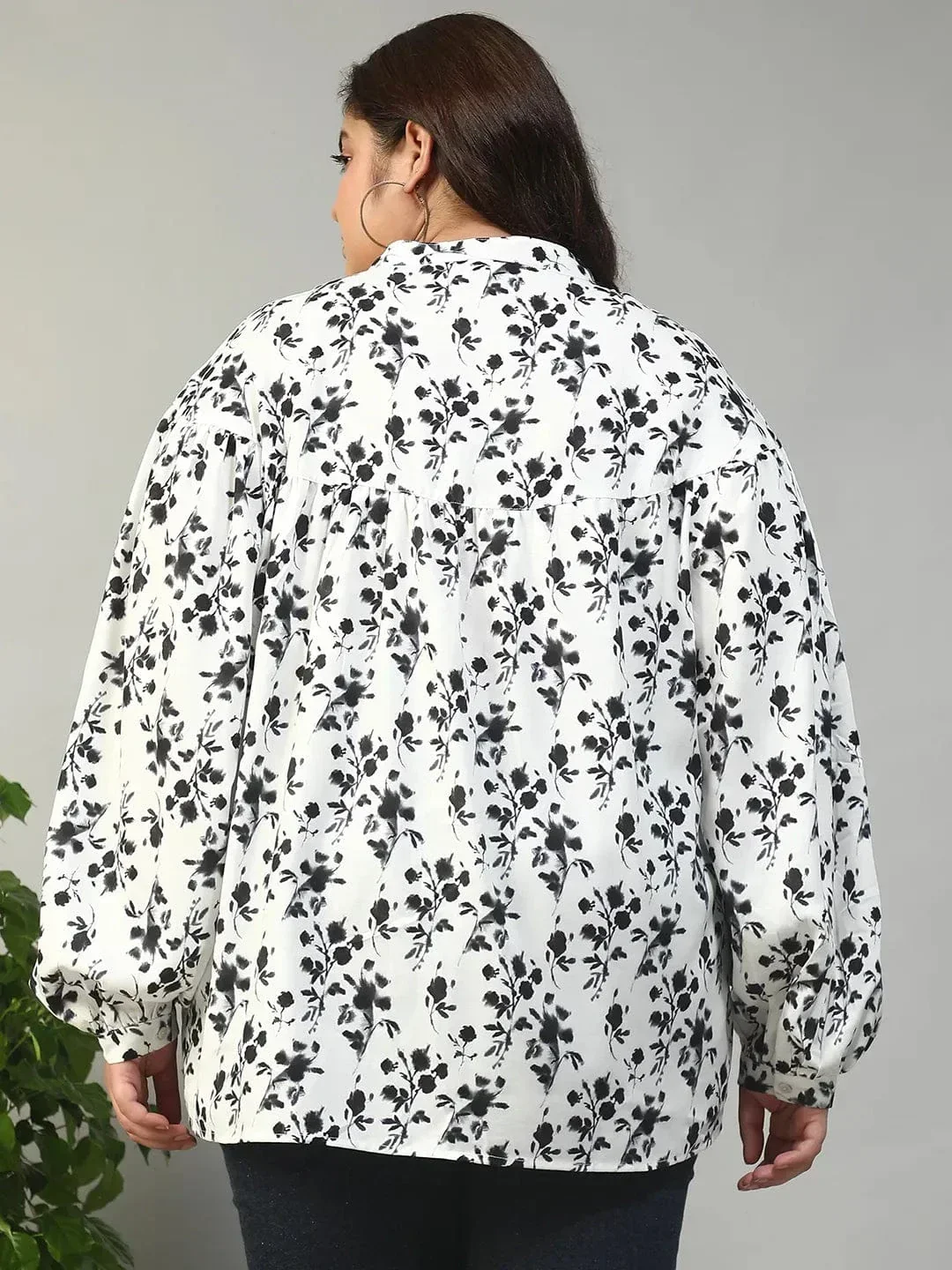 Street White Floral Print Round Neck With Button Placket Long Lantern Sleeve Plus Size Women Top - Image 5