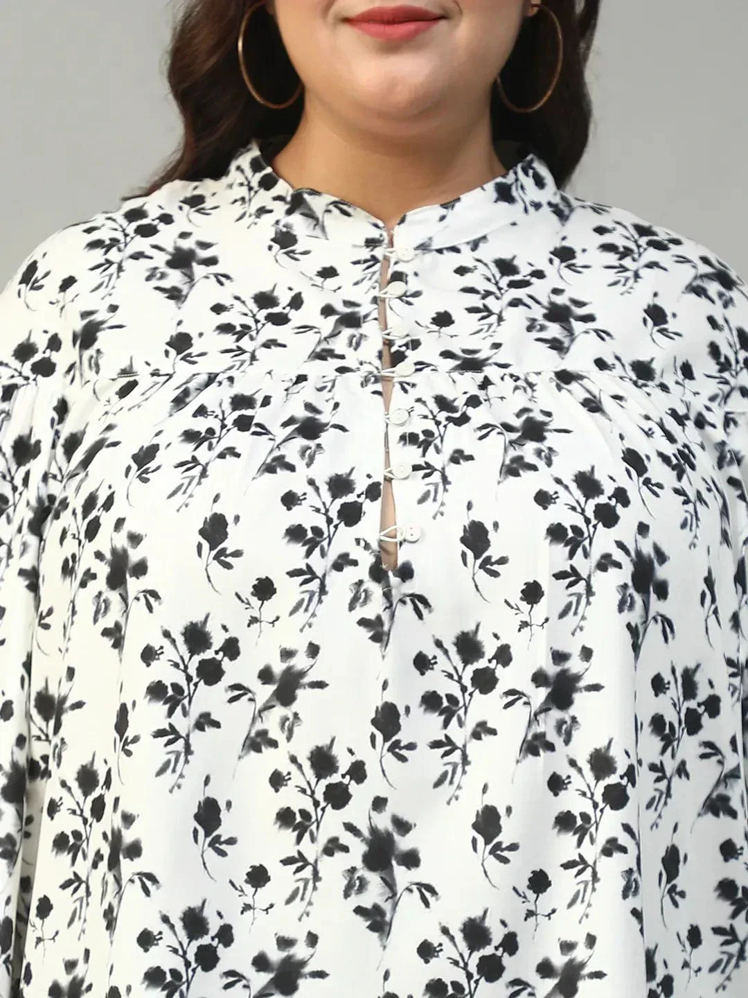Street White Floral Print Round Neck With Button Placket Long Lantern Sleeve Plus Size Women Top - Image 6