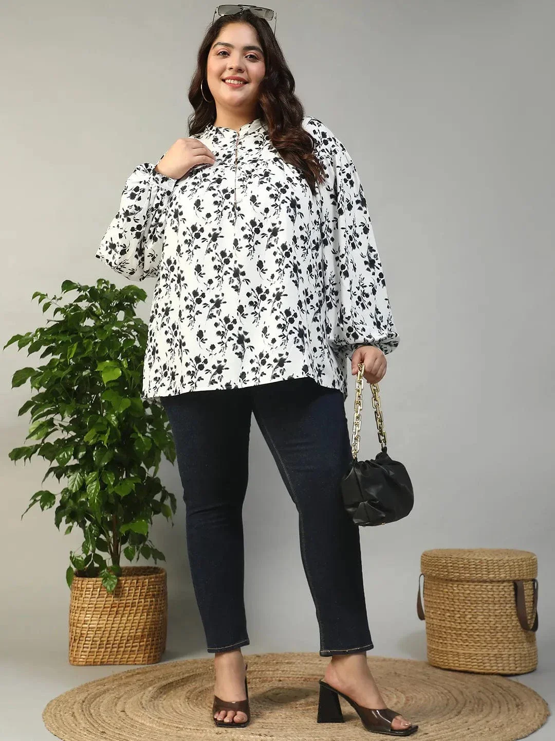 Street White Floral Print Round Neck With Button Placket Long Lantern Sleeve Plus Size Women Top - Image 7