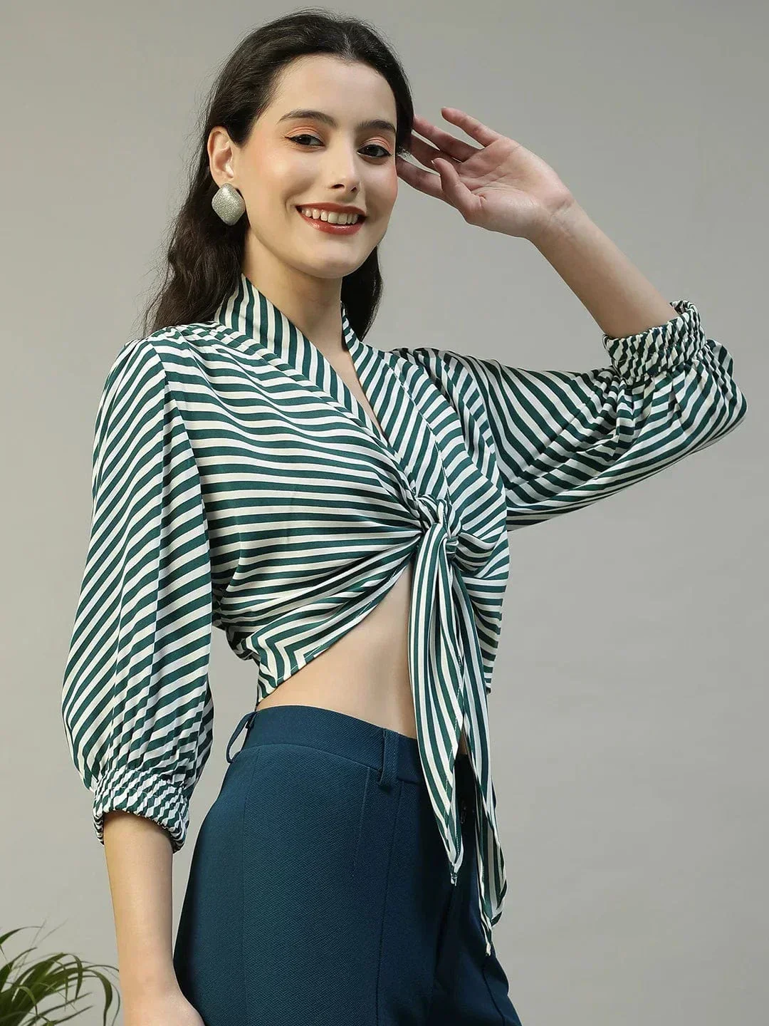 Striking Green Stripe Print Tie-Knot Detail Women Crop Top - Image 4