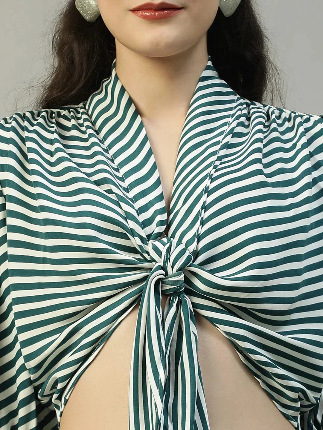 Striking Green Stripe Print Tie-Knot Detail Women Crop Top - Image 6