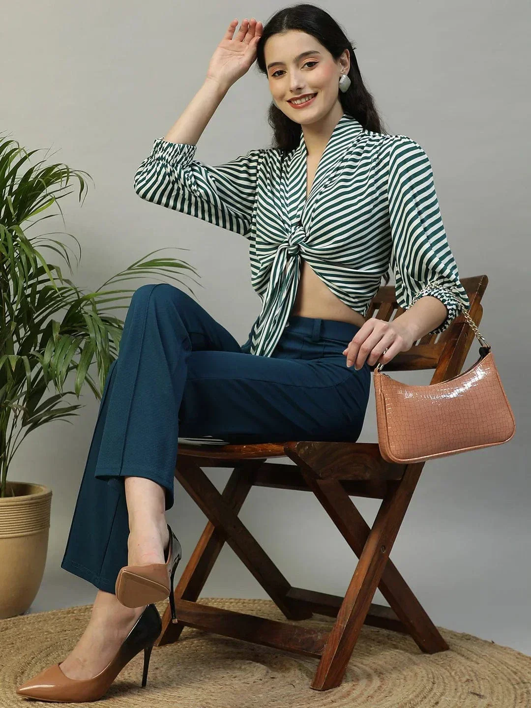 Striking Green Stripe Print Tie-Knot Detail Women Crop Top - Image 8