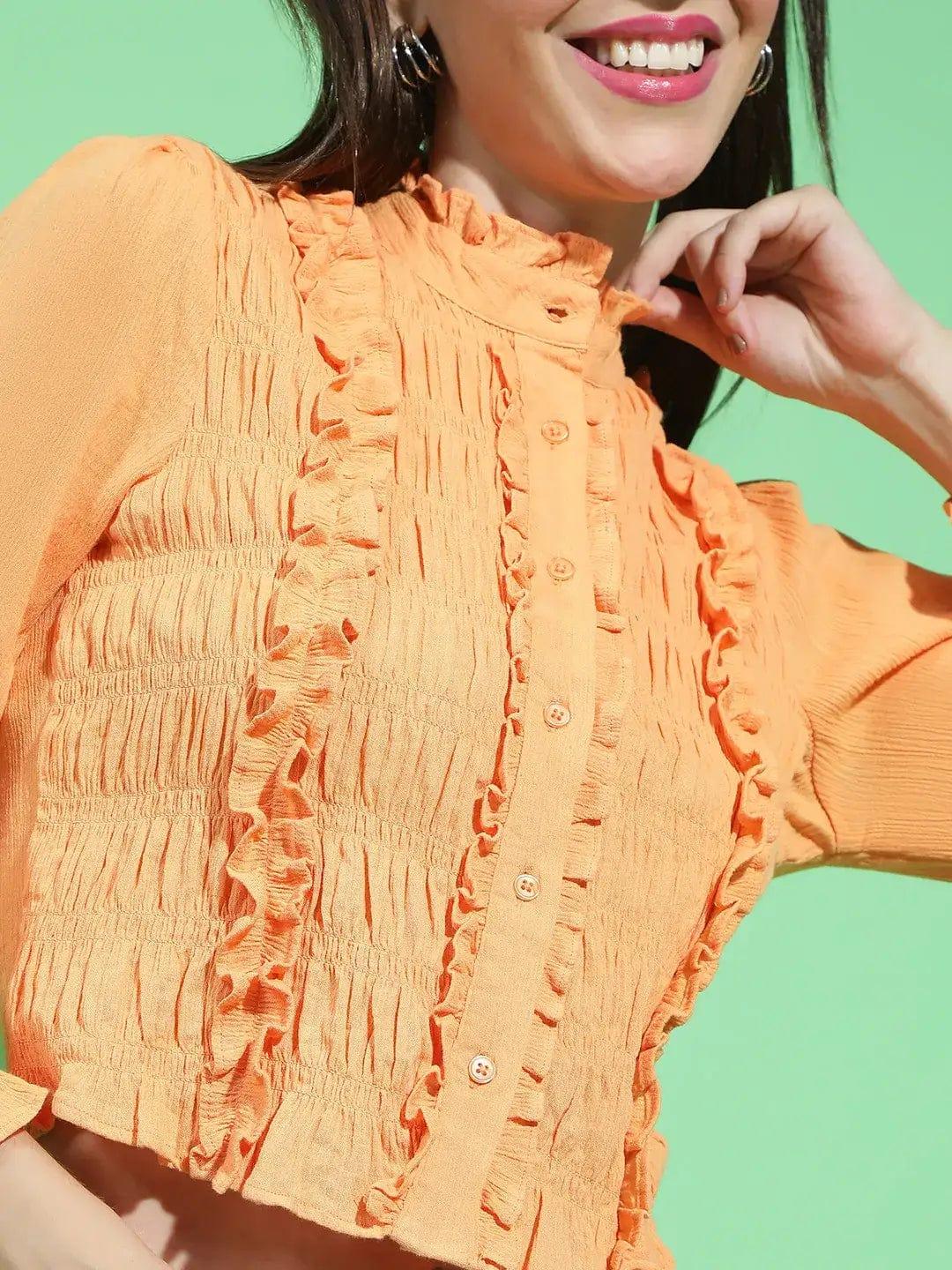 Striking Orange Round Neck Ruffle Detailed Cotton Shirt - Image 6