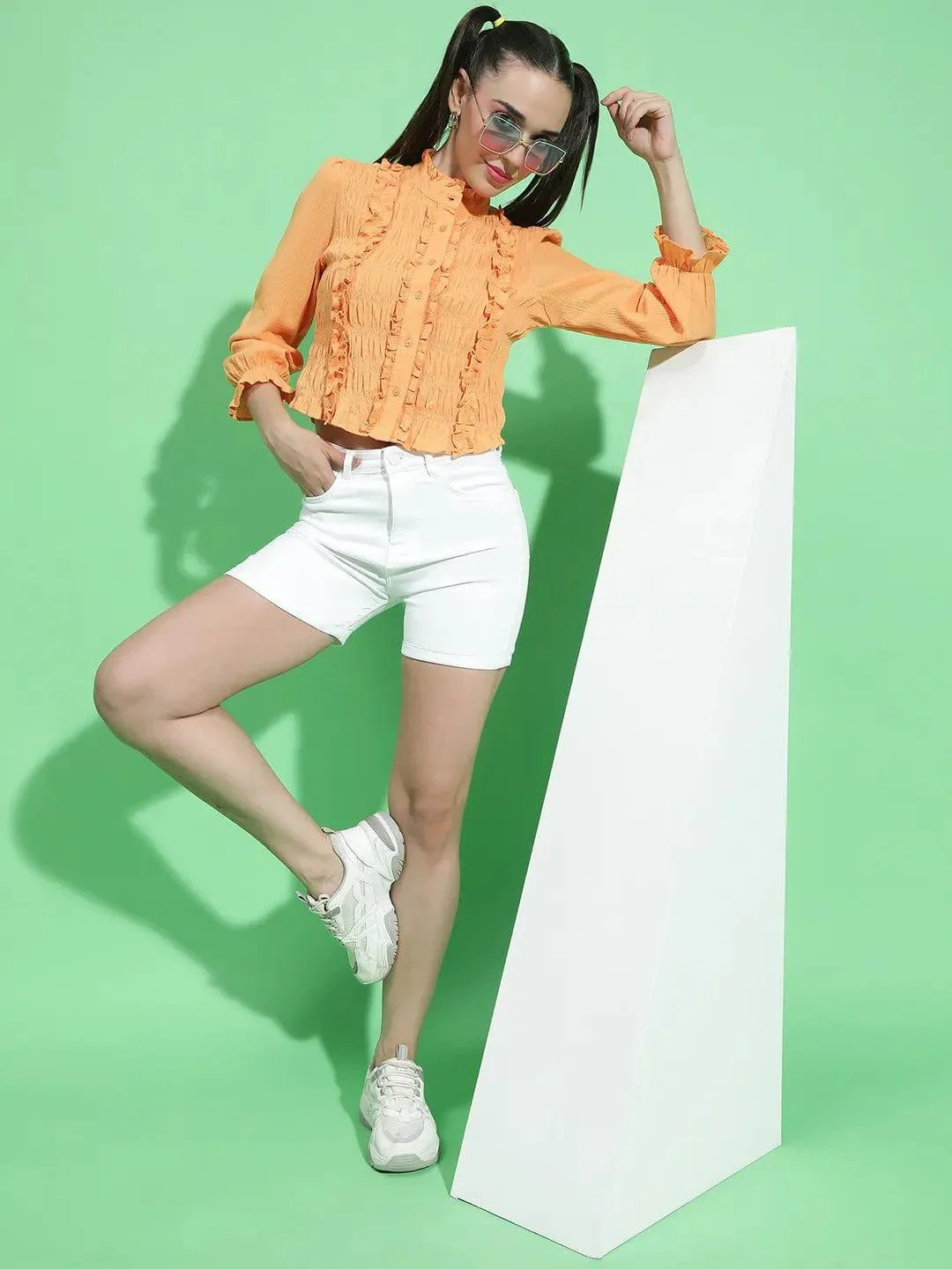 Striking Orange Round Neck Ruffle Detailed Cotton Shirt - Image 7