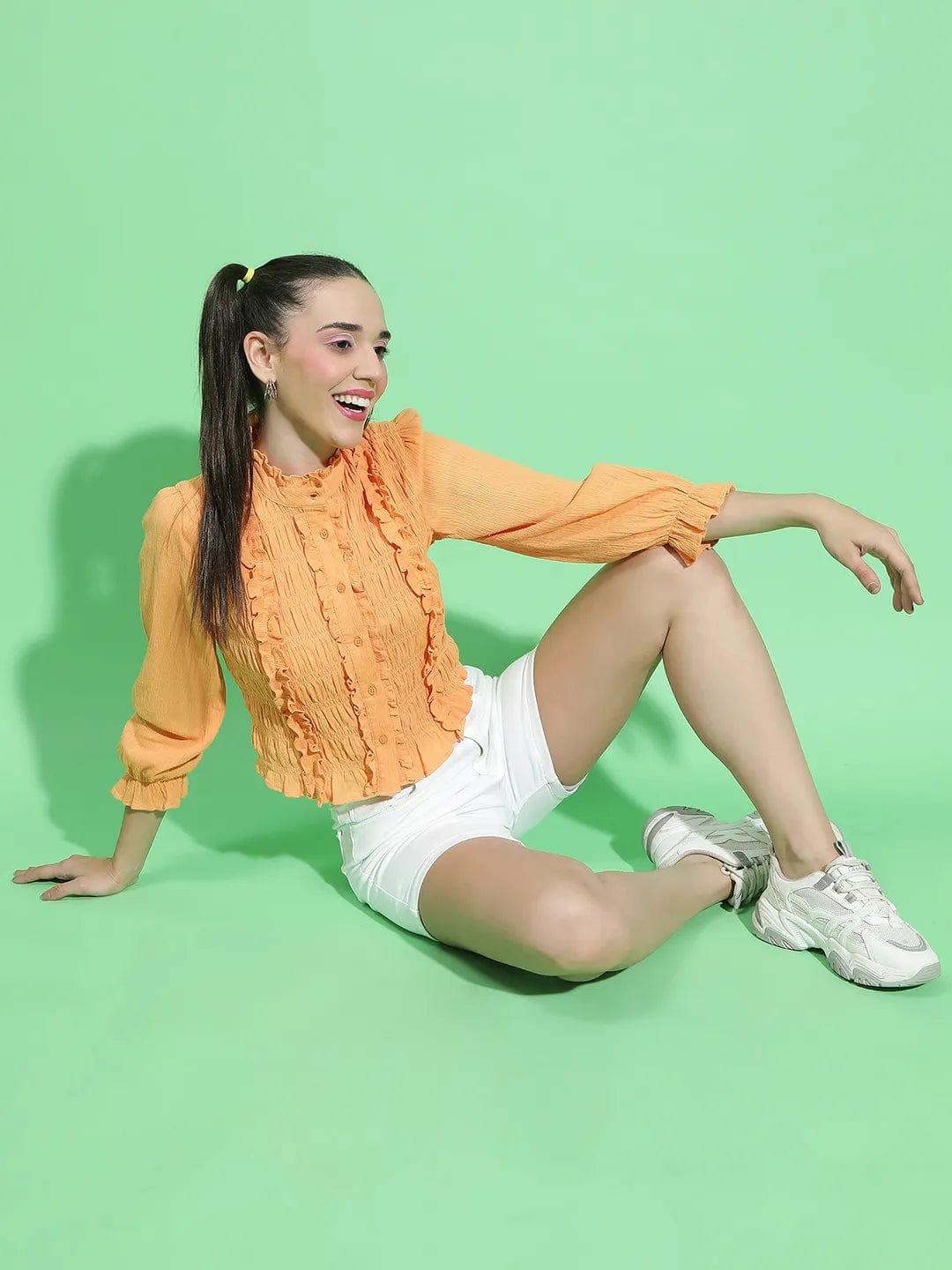 Striking Orange Round Neck Ruffle Detailed Cotton Shirt - Image 8
