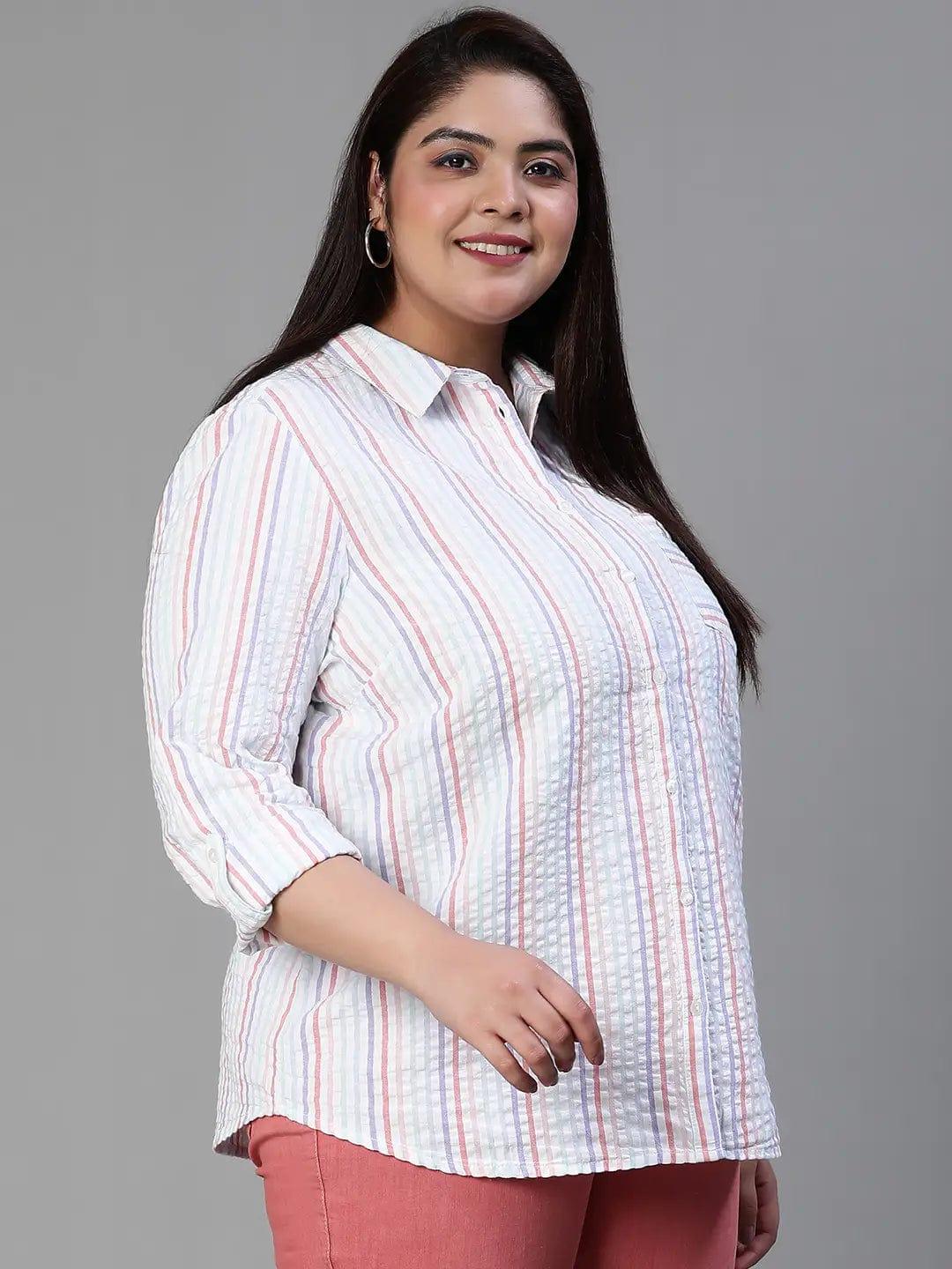 Stubble Stripe Print Multicolor Plus Size Cotton Shirt For Women - Image 4