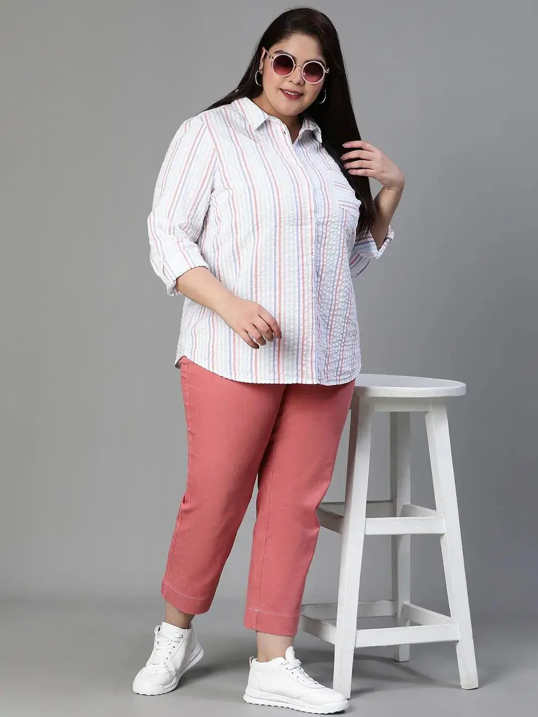 Stubble Stripe Print Multicolor Plus Size Cotton Shirt For Women - Image 7
