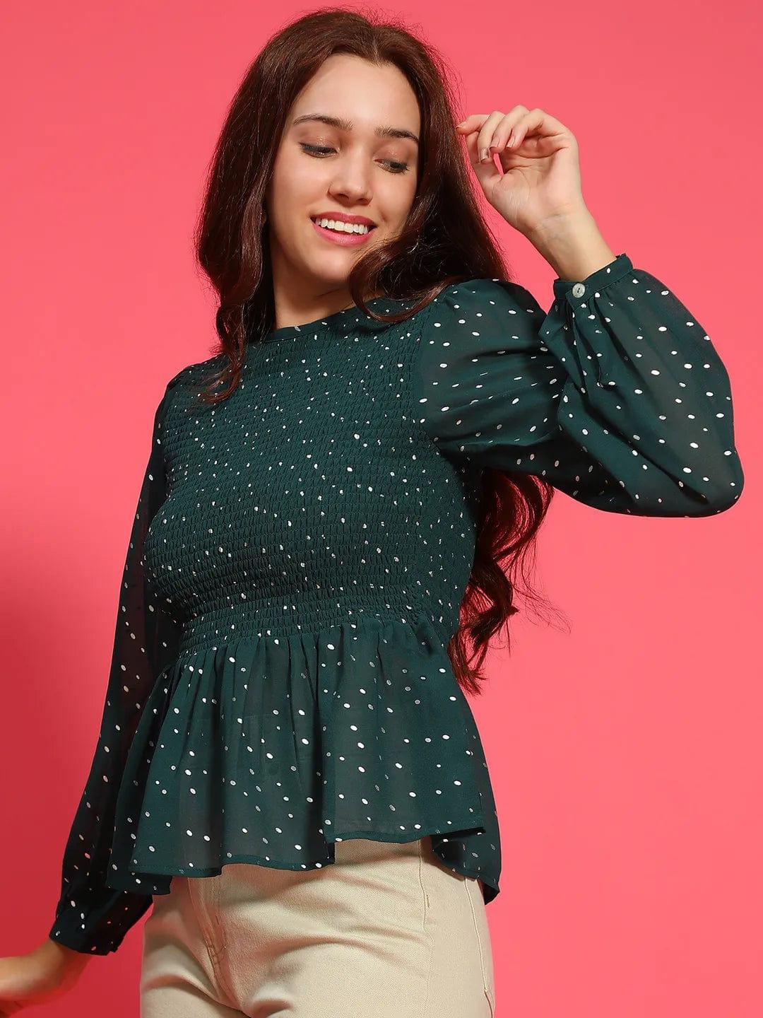 Styler Green Long Sleeve Smocked Women Peplum Top - Image 3