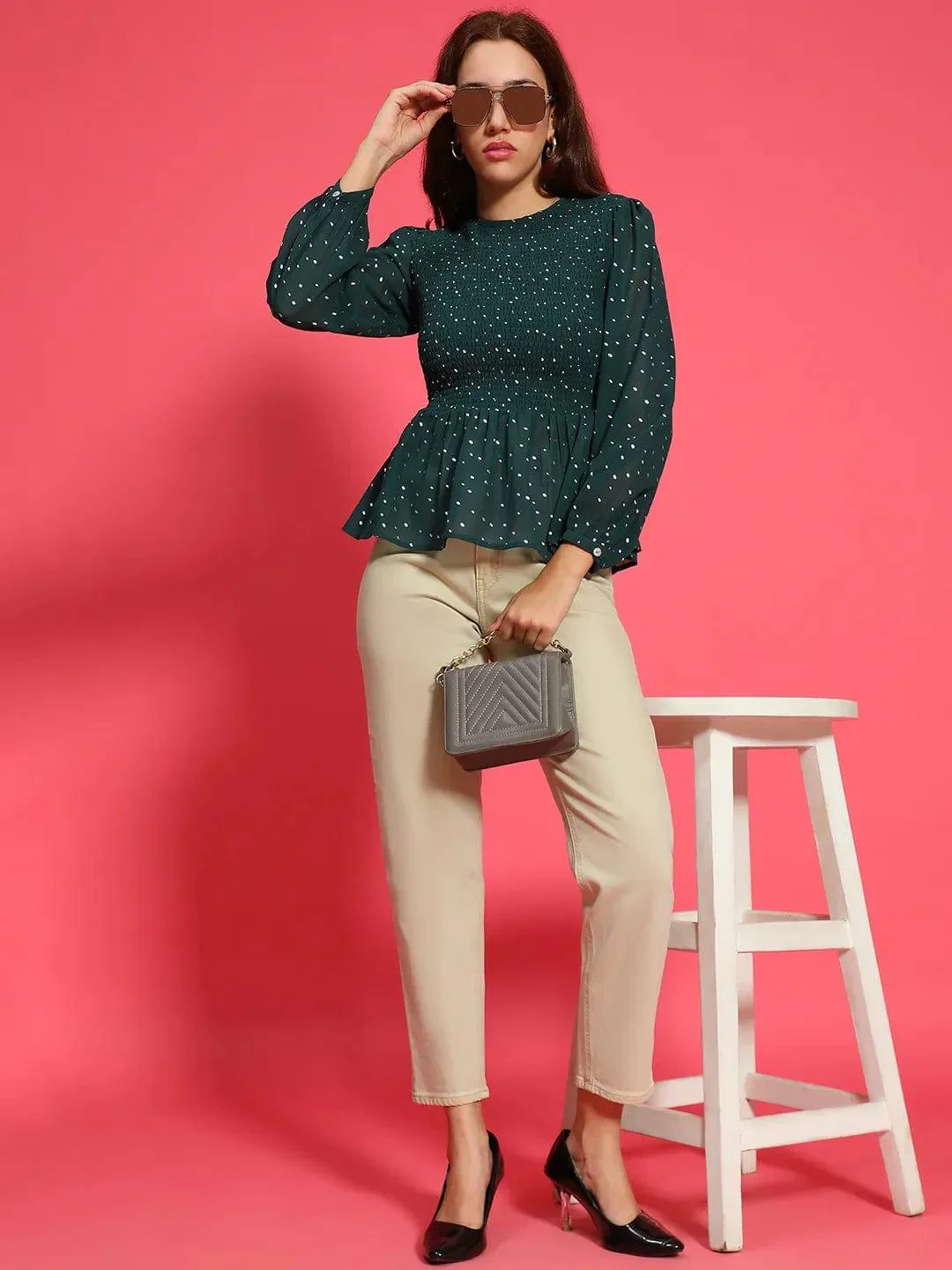 Styler Green Long Sleeve Smocked Women Peplum Top - Image 8