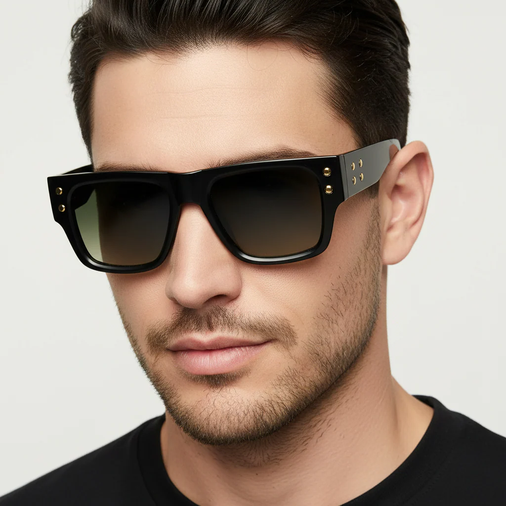 Stylish Bold Black with Green Tint Rectangular Sunglasses