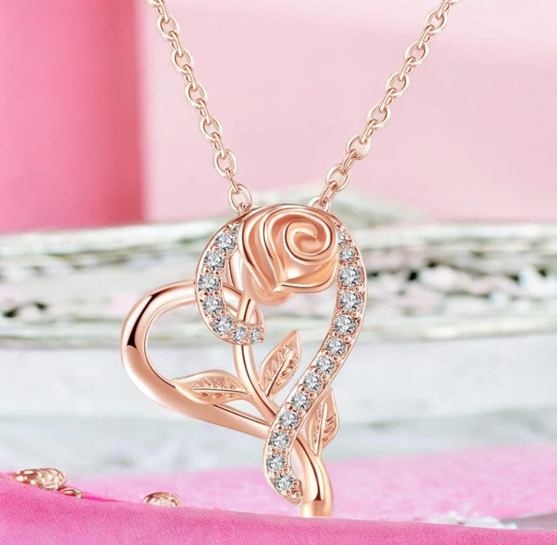 Stylish Rose Gold Plated Cz Heart Pendant With Chain, Love Shaped Necklace With Rose Design, Gift For Her (Rose Gold) - Image 2
