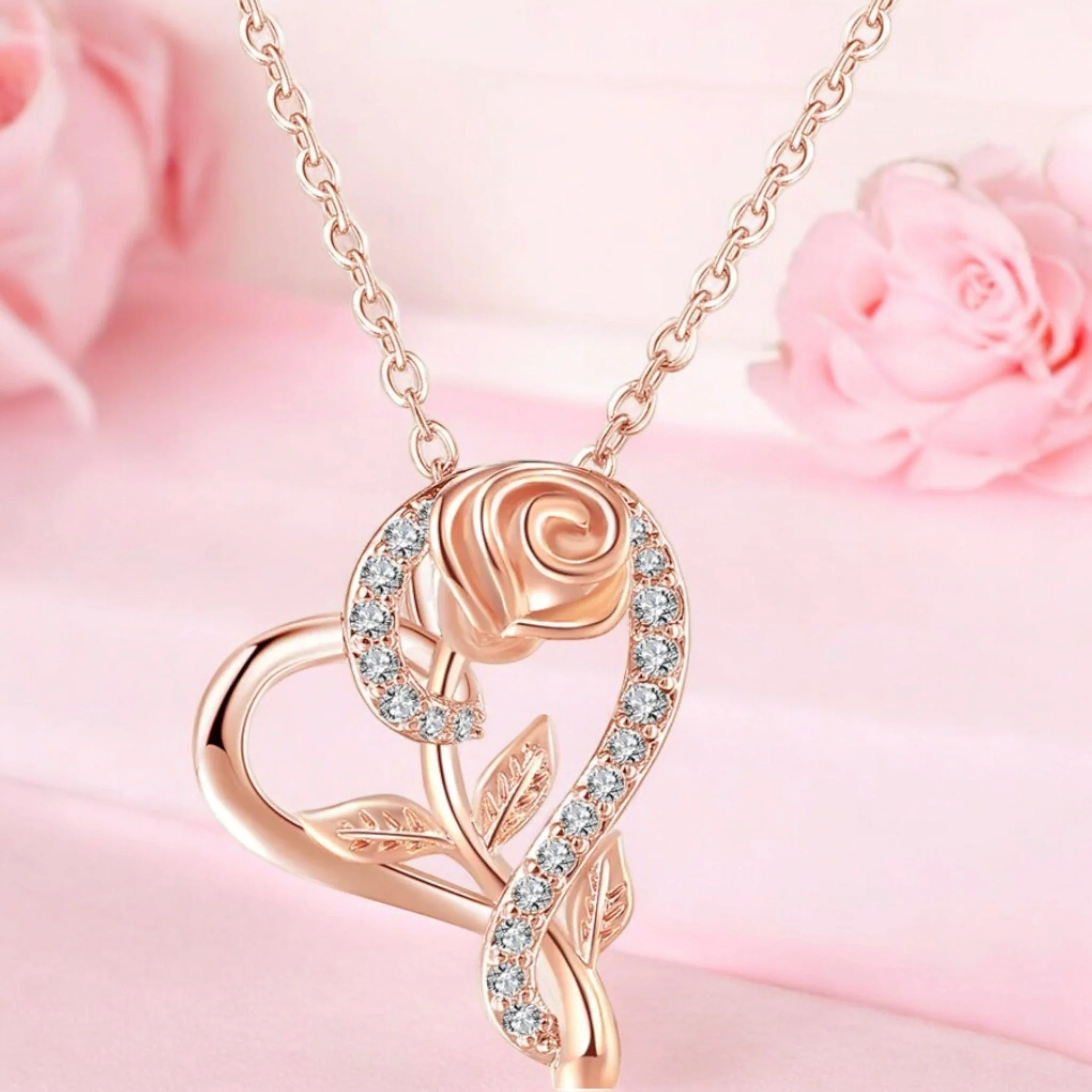 Stylish Rose Gold Plated Cz Heart Pendant With Chain, Love Shaped Necklace With Rose Design, Gift For Her (Rose Gold) - Image 7