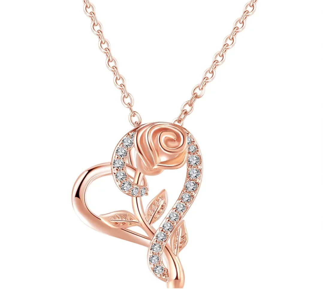 Stylish Rose Gold Plated Cz Heart Pendant With Chain, Love Shaped Necklace With Rose Design, Gift For Her (Rose Gold) - Image 9