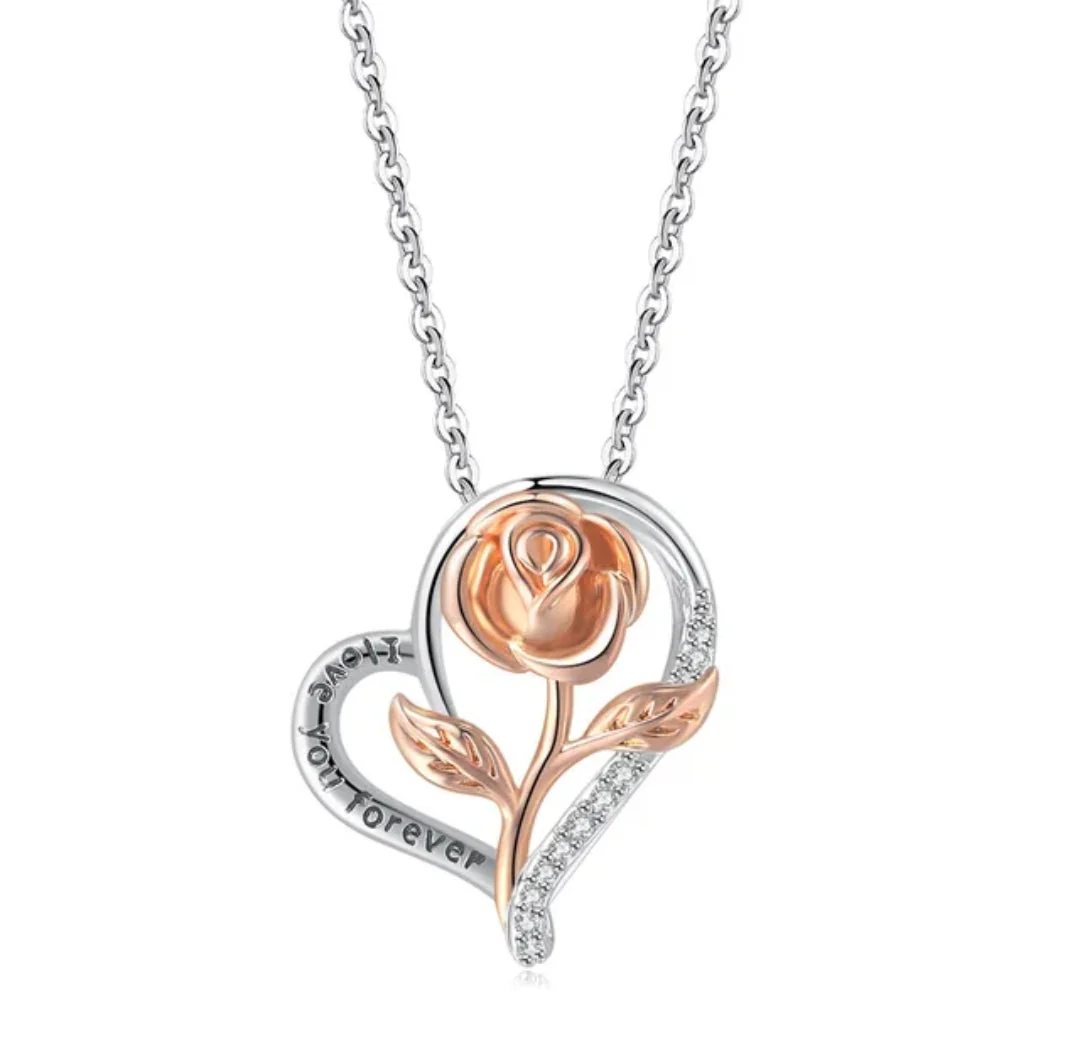 Stylish Silver Plated Cz Chain Pendent Set For Women, Heart Shaped Pendant With Rose Design (Silver & Rose Gold)